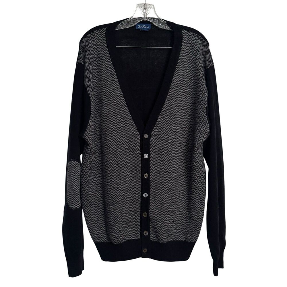 Paul Frederick Cardigan Sweater Wool Cashmere Mens LT Black Gray Herringbone